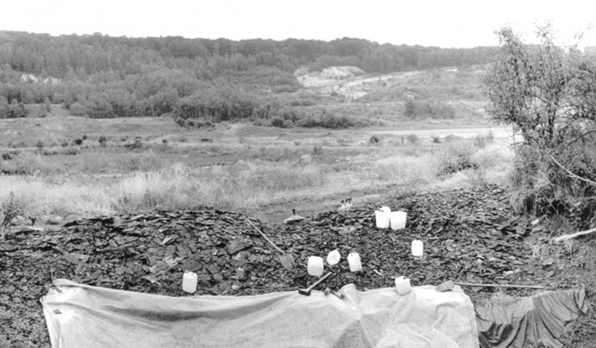 Black and white photo of the Messel pit fossil site