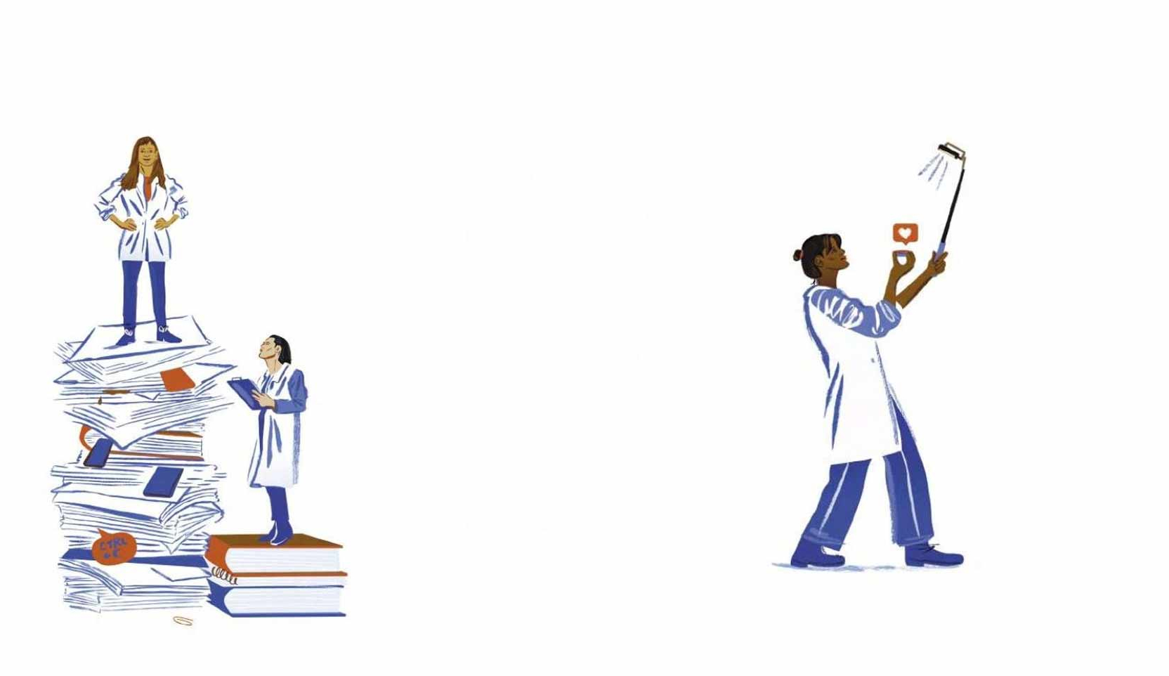 Illustration zeigt Wissenschaftlerin mit Selfie-Stick und Handy
