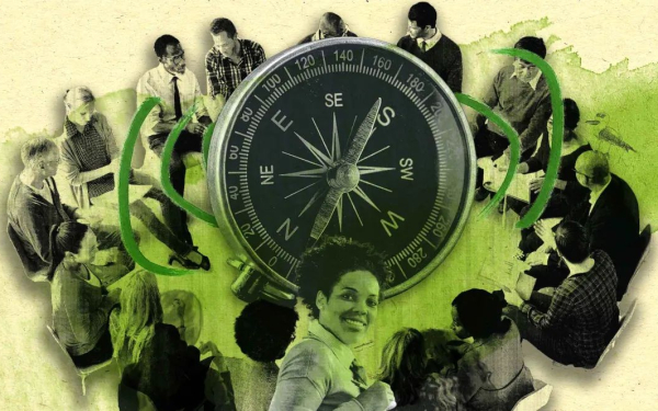 Illustration with people sitting around an oversized compass