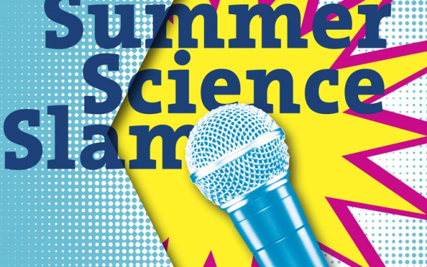 Das Bild zeigt ein Mikrofon und den Schriftzug "Summer Science Slam" vor einem knalligen Hintergrund 