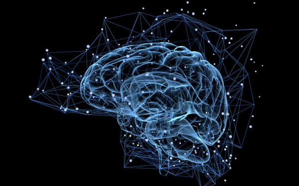 Darstellung eines blauen, menschlichen Gehirns auf schwarzem Untergrund
