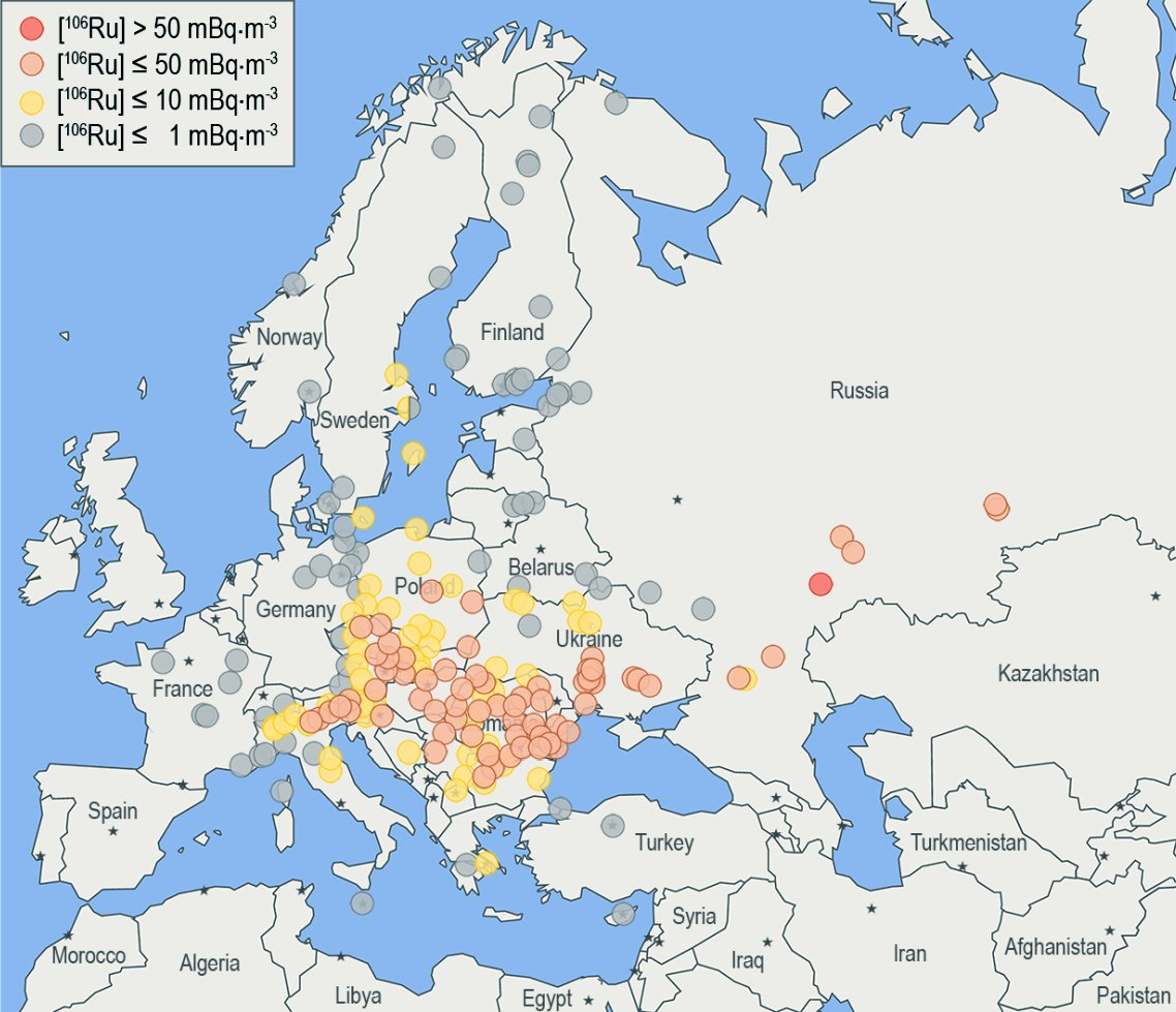 Karte zeigt die gemessenen Durchschnittskonzentrationen des Ruthenium-106 verteilt über Europa