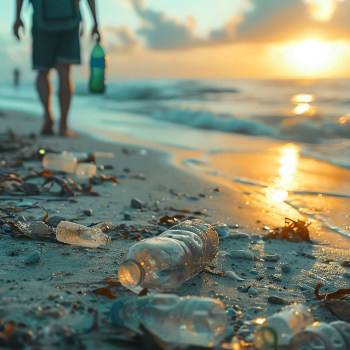 Das Bild zeigt einen mit Plastikflaschen verschmutzten Strand bei Sonnenuntergang.