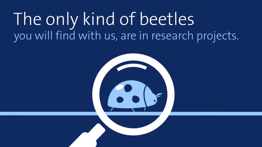 beetle under the magnifying glass, text: the only kind of beetles you will find with us, are in research projects.