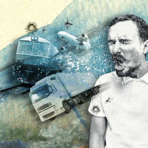 Illustration with a man sneezing, in the background various means of transport (e.g. aeroplane, train, lorry)