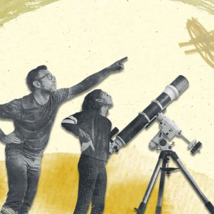Illustration with two people pointing into the sky, and a teleskope