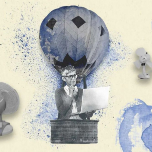 Illustration of a woman with a laptop in a hot air balloon powered by fans