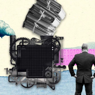 Illustration of a person standing in front of an ancient steam engine powered by files and producing binary code