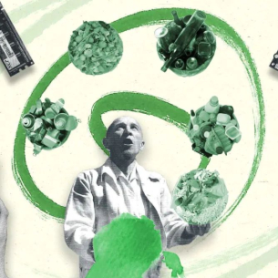 Illustration with a person in a swirl of objects and materials that can be recycled