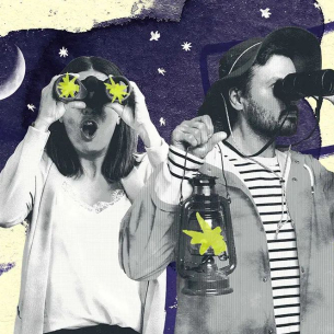 Illustration with two people looking through binoculars in amazement