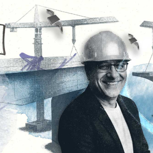 Illustration mit Mann mit Schutzhelm vor einer Brückenbaustelle